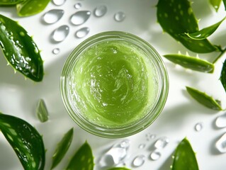 Obraz premium Aloe Vera Gel in Glass Jar with Plant Leaves.