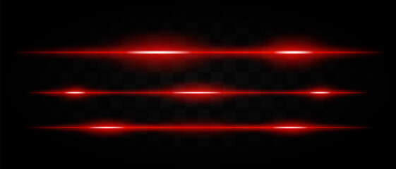 Multiple horizontal red laser light beams with glowing effects on a transparent background. Perfect for sci-fi, technology, and futuristic designs.