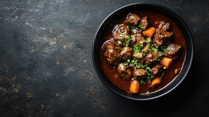 Boeuf Bourguignon in a black bowl on a dark textured background, with space on the right for text. Perfect for restaurant promotions or social media posts.
