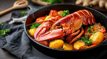 Close-up of a freshly baked whole Maine lobster with a vibrant vegetable medley, artfully arranged in a cast iron pan, set against a dark fabric placemat with soft, warm lighting.
