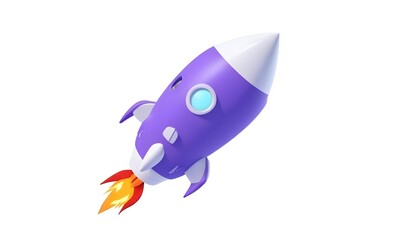 A cartoon rocket ship with a flame at the bottom, floating against a white background