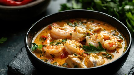 Close-up of moqueca with fish and shrimp presented in a sleek black bowl on a dark slate tabletop, beautifully styled with fresh herbs and clear copy space.