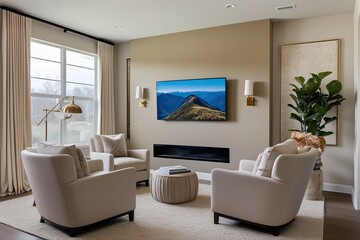 Contemporary Den with Neutral Beige Wall-Mounted TV and Cozy Armchairs in Modern Design