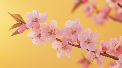 Obraz premium A blossoming peach tree branch, its light pink flowers in full bloom, against a gradient yellow background.