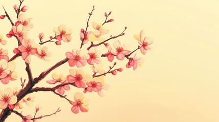 Obraz premium A blossoming peach tree branch, its light pink flowers in full bloom, against a gradient yellow background.