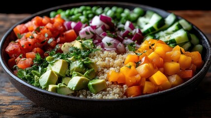 beautiful vegan buddha bowl filled with colorful fresh vegetables quinoa and creamy avocado artistically arranged on a rustic wooden table showcasing health and vibrancy