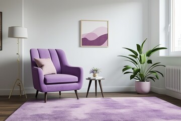 Elegant Decor Mockup Showcasing Lavender Armchair on Bright White Wall in Modern Studio Living Room