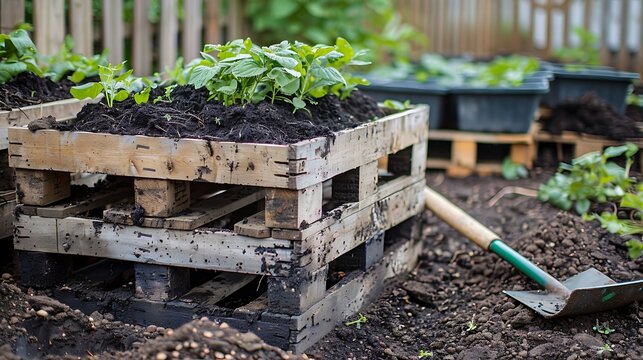 Two stacked pallet collars with dark and rich soil one with some plants and the other with a shovel