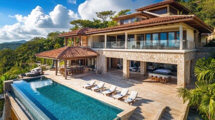 Sea view, Luxury modern white beach hotel with swimming pool