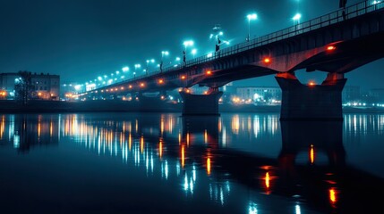 A bridge at night, with bright streetlights glowing along its length, creating a reflection on the water below.