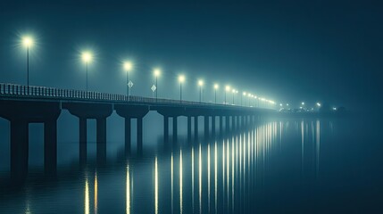 Obraz premium A bridge at night, with bright streetlights glowing along its length, creating a reflection on the water below.