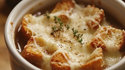 Closeup of French onion soup topped with crispy cheese croutons and fresh thyme, captured from a top-down perspective, highlighting the dish's rich textures.