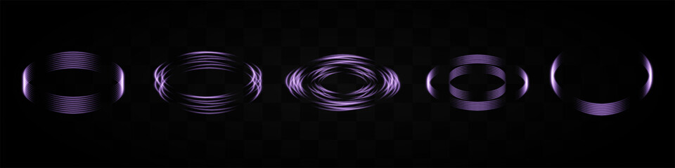 Set of purple neon light rings forming various patterns on a transparent background. Ideal for tech, sci-fi, or digital design elements.