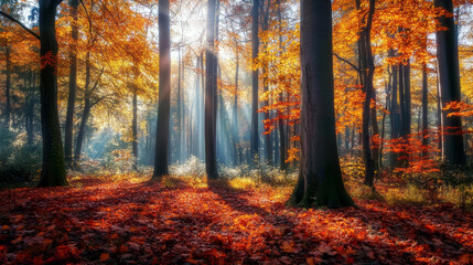 Autumn forest with sunbeams through tree trunks and leaves in the morning