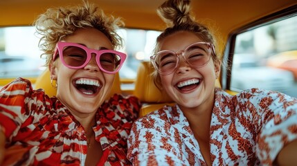 Two friends share a moment of pure joy, laughing heartily inside a vibrant yellow car, filling the space with happiness and positive energy.