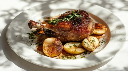 Elegant dish of roasted duck leg confit with baked apple on a white plate, set against a light background with gentle shadows from sunlight, perfect for summer dining.