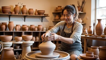 female potter at work doing unique vase in a pottery studio