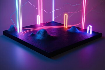 3D Illustration of an Electric Neon Landscape with Radiant Trails on a Black Canvas