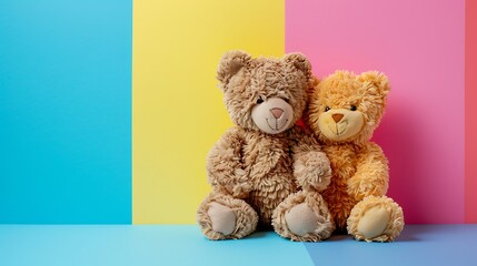 Obraz premium Two teddy bears in a tender relationship isolated on colorful background