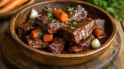 French beef ribs Bourguignon, with tender meat falling off the bone, stewed with carrots and onions in a rich wine sauce, presented on a rustic wooden surface.