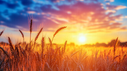 Fototapeta premium A vibrant sunset over a field of tall, golden wheat. 