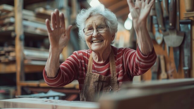 Older woman working in a woodworking shop, hands held high