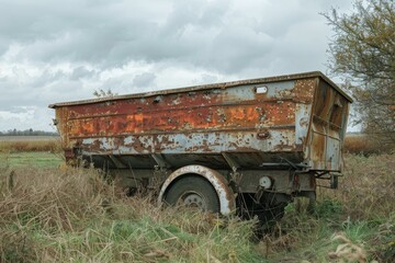 Old rusty abandoned trailer slowly decaying in a field, a symbol of decay and the passage of time
