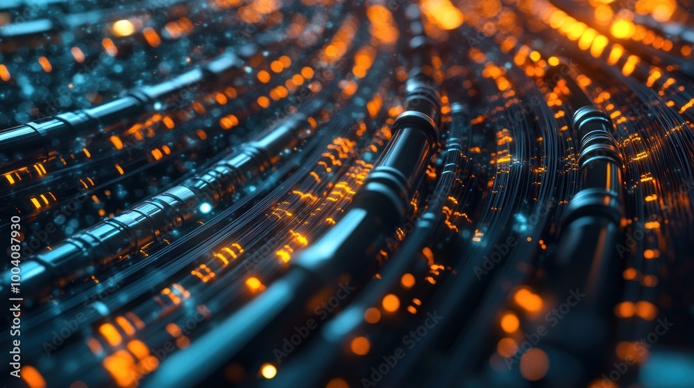Poster abstract visualization of interconnected data streams with glowing elements.