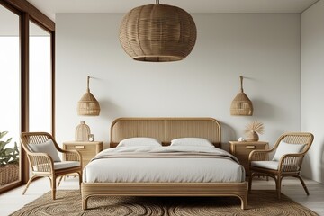 Coastal Bedroom Interior Mockup Featuring Rattan Furniture and Minimalist Wall Design
