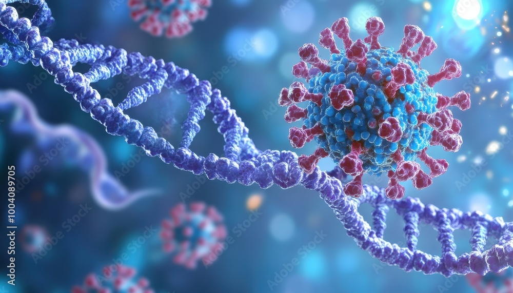 Poster A 3D representation of a virus particle interacting with a DNA molecule.