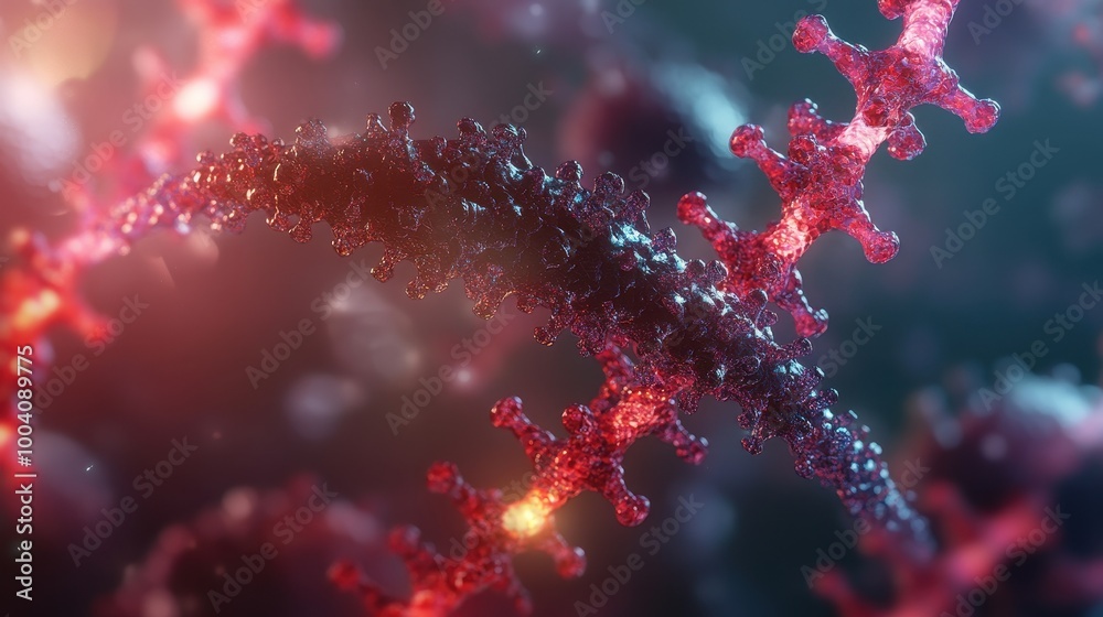 Poster microscopic view of a virus with spikes and a darker strand