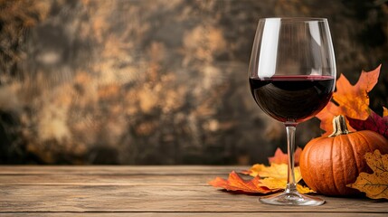 A glass of rich red wine is elegantly placed on a table, surrounded by vibrant autumn leaves and pumpkins. This arrangement captures the joyful spirit of Halloween