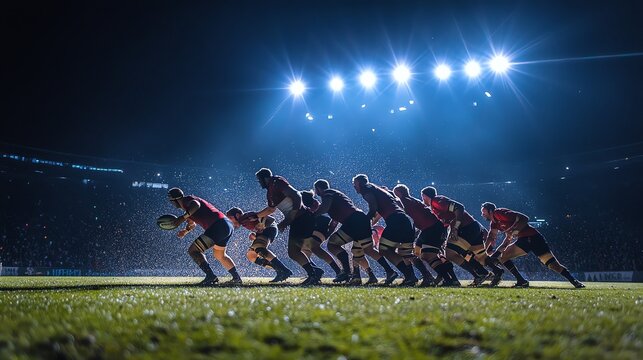 A rugby team is in a scrum at night, lit by stadium lights.