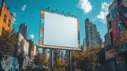 blank poster board hangs against a backdrop of an urban cityscape with clear blue skies above inviting creativity and expression in a bustling metropolitan scene