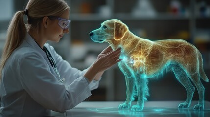 Technician tests holographic veterinary tools on dog