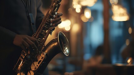 Obraz premium A saxophonist playing in a dimly lit room.