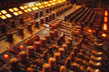 Obraz premium Close-up shot of a control board in a professional recording studio
