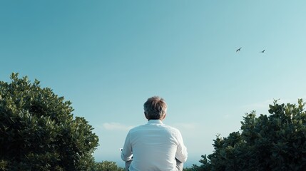 A man sits meditatively with his back towards the camera, looking into the expansive sky, signifying contemplation, freedom, and introspection amidst nature's beauty.