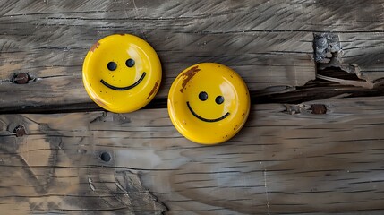 Two yellow buttons with smiley faces on a wooden background