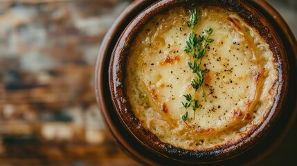 Top-down shot of classic French onion soup, featuring vibrant onions and fresh thyme, beautifully styled in a rustic ceramic bowl against a soft, blurred background.