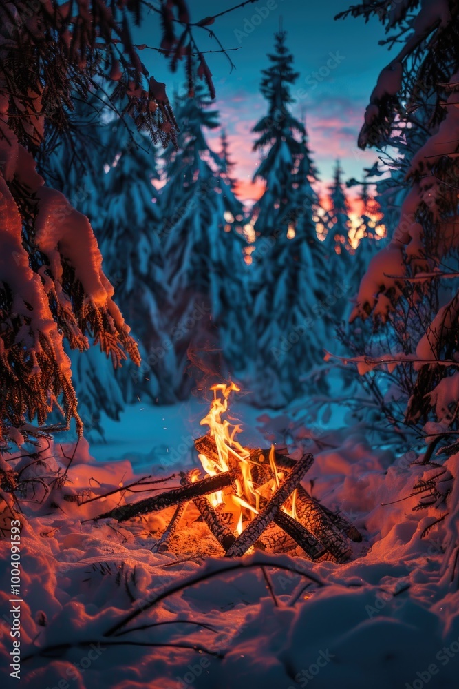 Sticker A cozy campfire in the midst of a snowy forest, perfect for winter scenes or outdoor adventures