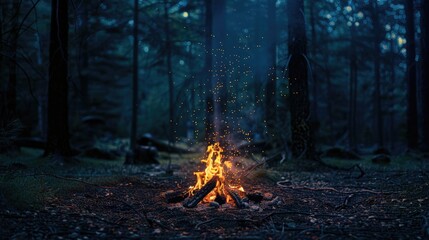 A lone campfire burning brightly in the dark forest at night, perfect for outdoor adventure or wilderness scenes