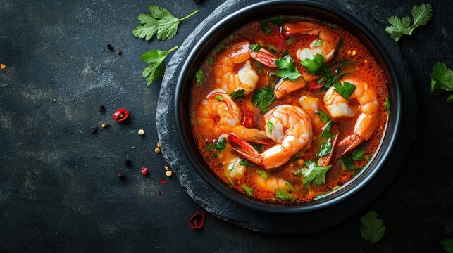 Top-down shot of tom yum kung, highlighting the rich broth and vibrant shrimp, garnished with herbs in a black bowl, surrounded by dark stone for clear copy space.