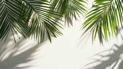 Fototapeta premium A minimalist arrangement of palm tree leaves on a solid white background, with each leaf casting soft shadows.