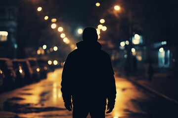 A man is walking down a street at night. The street is lit up with lights, and there are cars parked along the side of the road. The man is wearing a black jacket and he is alone