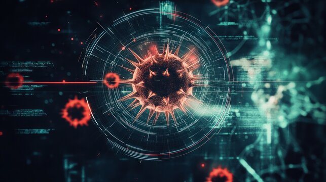 Reddish spiked sphere with vibrant digital backdrop