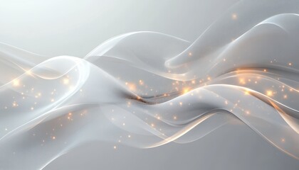 Abstract White and Gold Wavy Lines with Glowing Particles