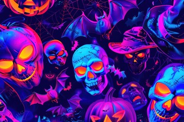 A collection of carved pumpkins and human skulls, perfect for Halloween decorations or horror-themed events
