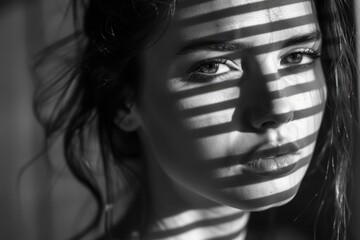 A close-up photo of a woman's face in black and white, highlighting her facial features