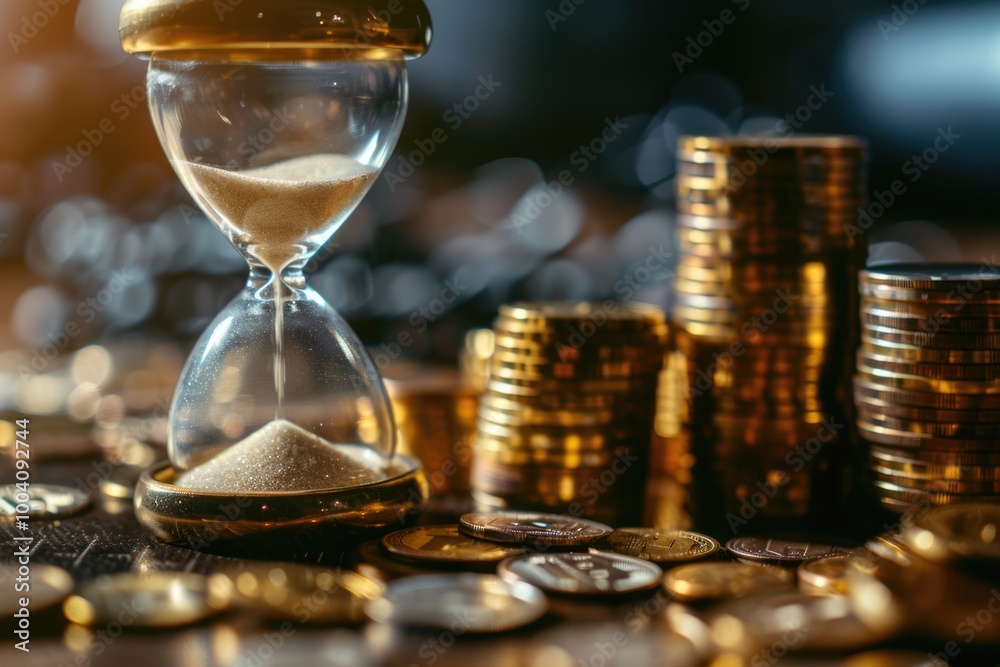 Poster a classic hourglass sits atop a stack of shiny coins, symbolizing the passing of time and wealth